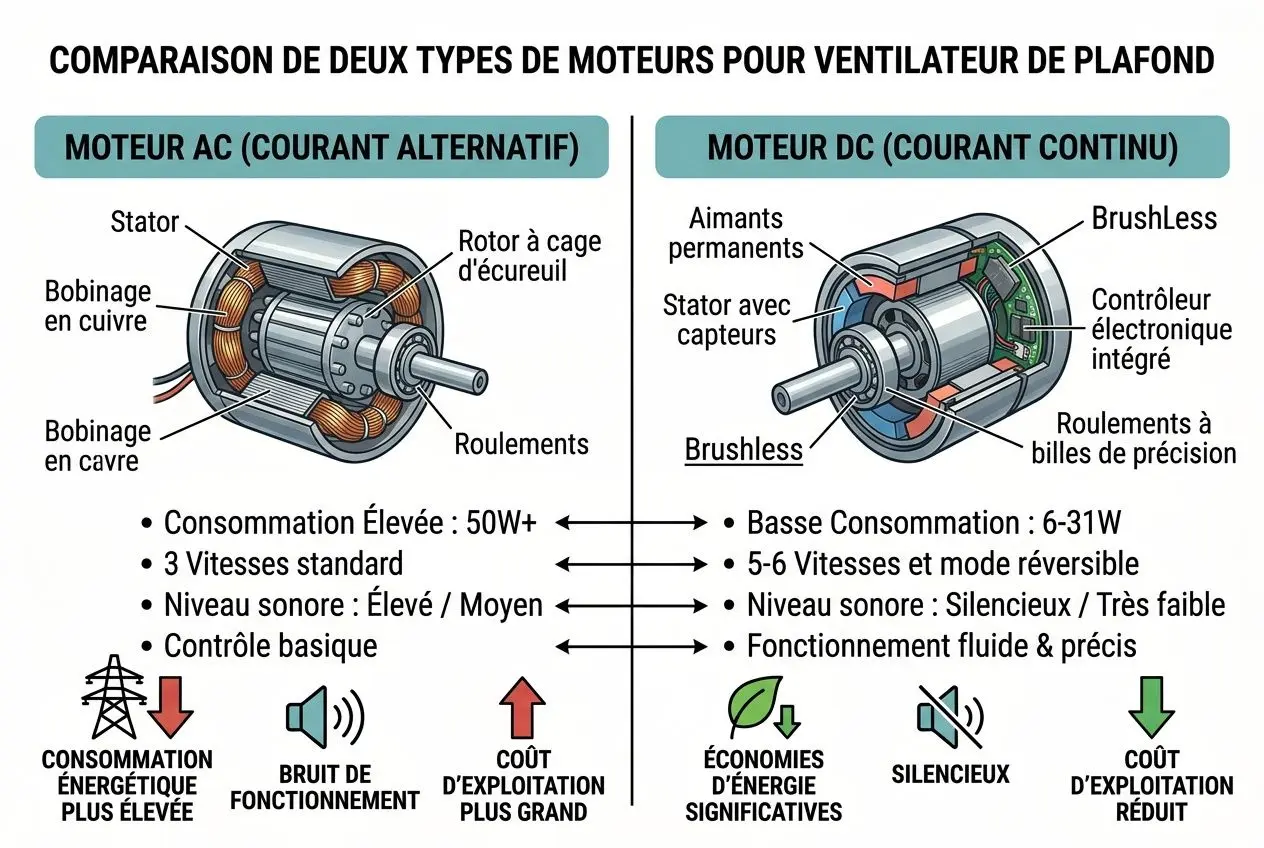 Comparaison de moteurs ventilateur plafond: consommation et coût; consommation électrique plus élevée vs faible pour DC, bruit et performance.