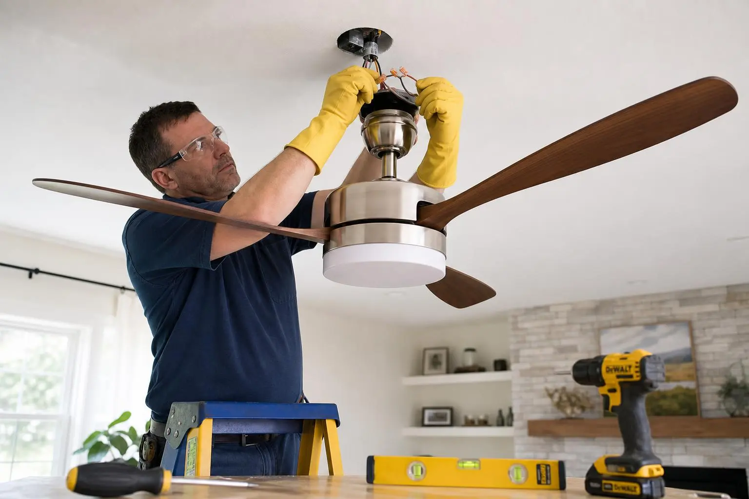 Homme posé en hauteur fixe un ventilateur de plafond avec lumière sur le support, à l’aide d’outils et de gants jaunes.