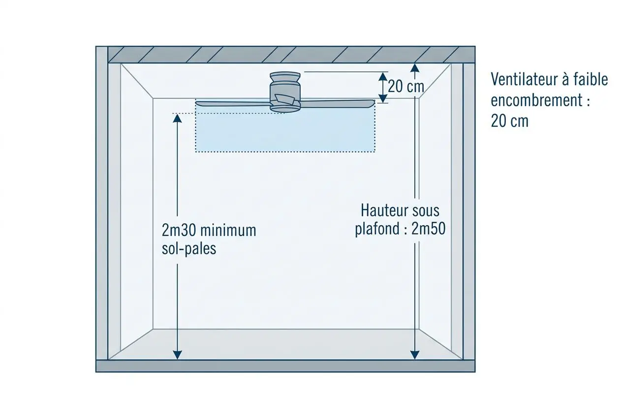 Aperçu d’un plafond avec ventilateur, 20 cm d’encombrement, fixture centrale; mesure 2,50 m sous plafond et 2,30 m sol-pales minimale, illustration technique.