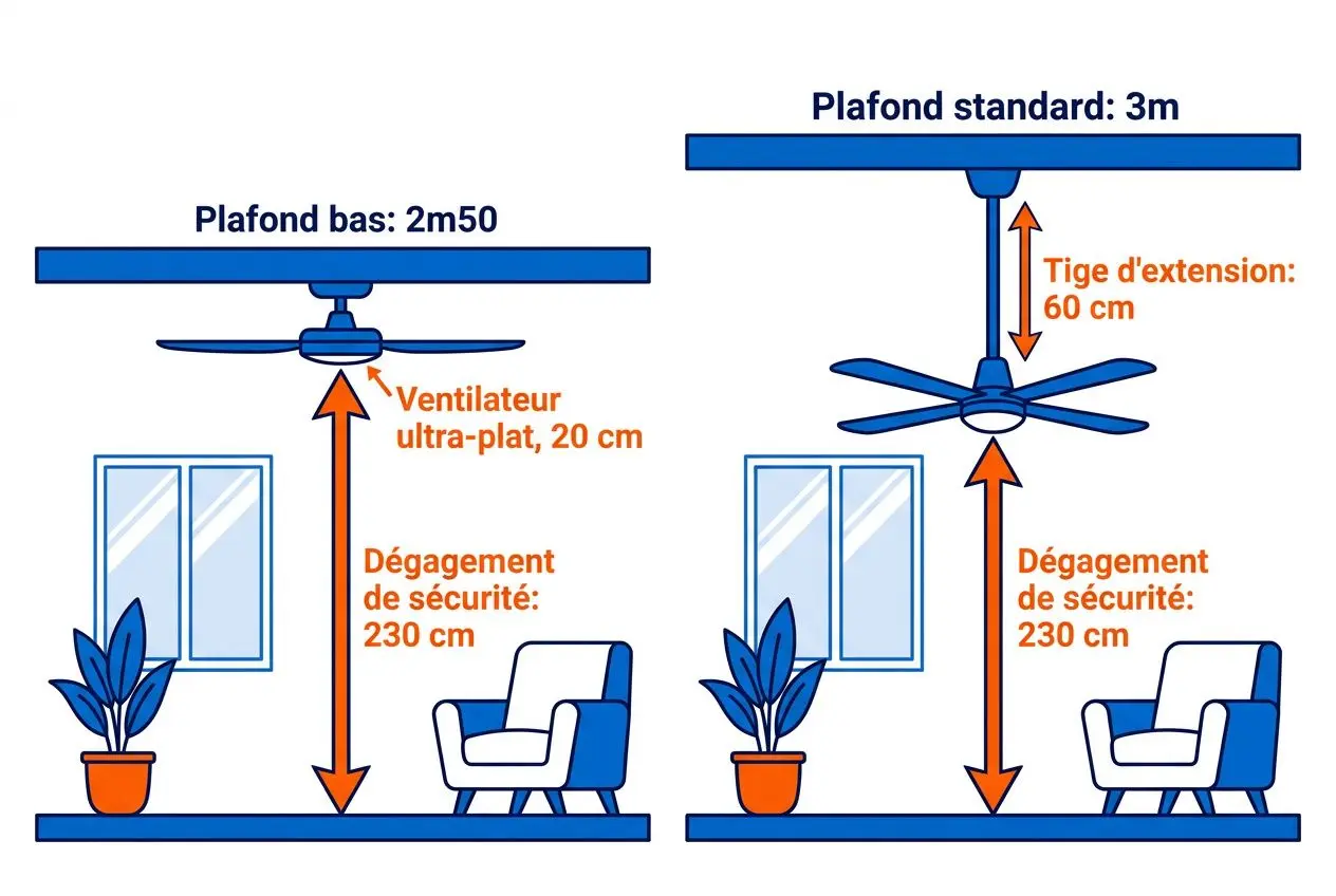 Comparaison d’installation: plafond standard à 3 m avec dissipations sécurité 230 cm et 60 cm extension, et plafond bas à 2,5 m, ventilateur ultra-plat 20 cm.