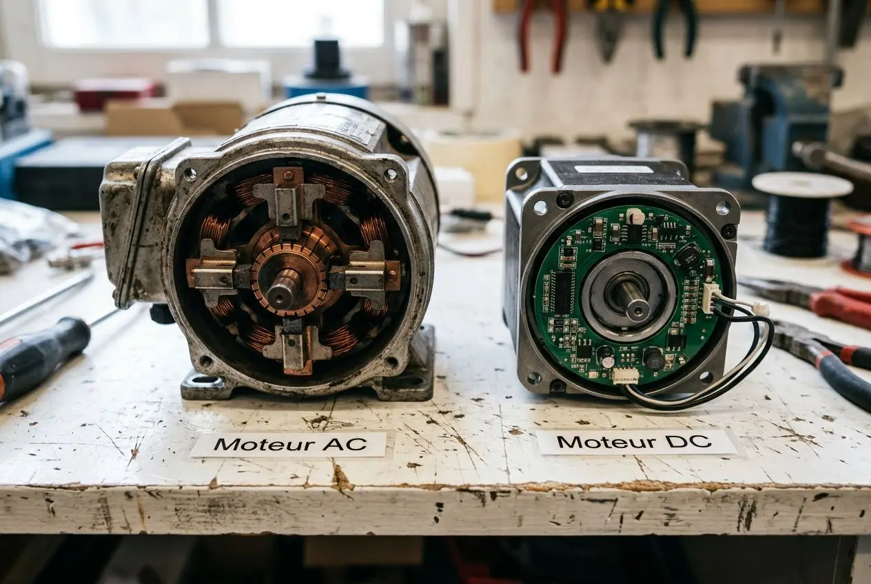 Moteur AC et moteur DC démontés sur une table de travail, composants électroniques visibles et étiquettes “Moteur AC” et “Moteur DC” sous chaque pièce. bruit destratificateur air problème.