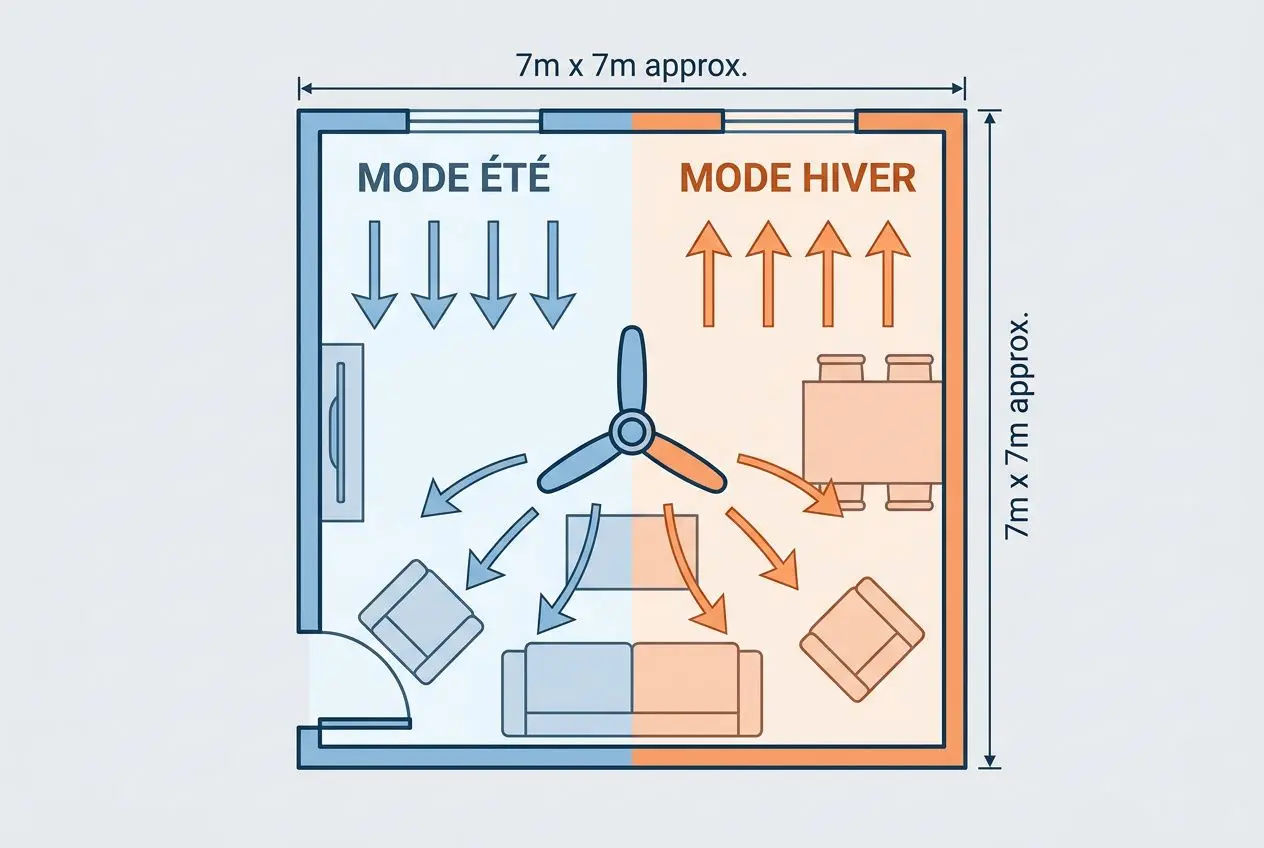 Ventilateur plafond silencieux avec télécommande : schéma d’un mode été et mode hiver dans une pièce de 7m sur 7m, 1 lit, canapés et table, flèches indiquant la circulation d’air.