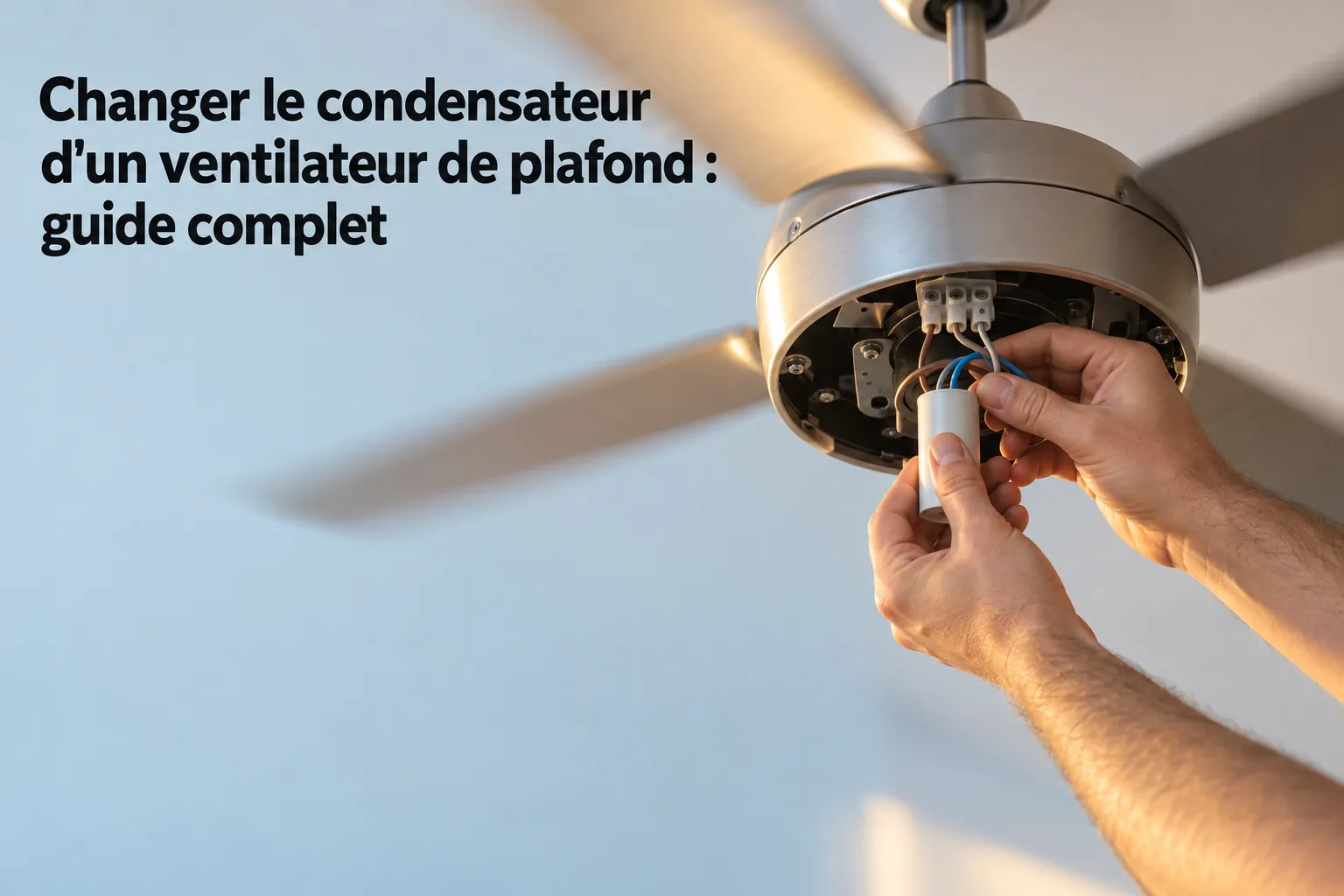 Changer condensateur ventilateur plafond : intervention détaillée sur le moteur, avec démontage et remplacement.