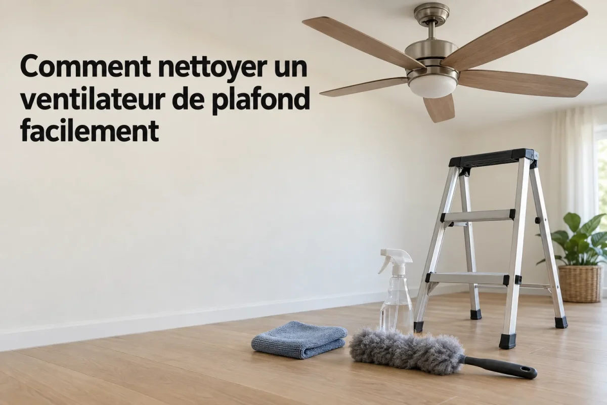 Comment nettoyer un ventilateur de plafond facilement : dépoussiérage des pales et outil ménager prêt à l’emploi.