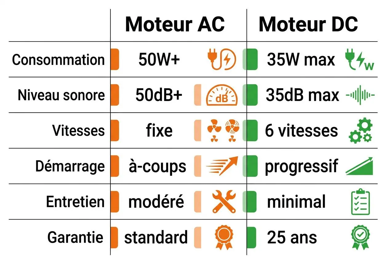 Comparatif: Moteur AC et Moteur DC, avec consommations et niveaux sonores, vitesses, démarrage progressif, entretien modéré et garantie standard vs 25 ans. Inclut le sujet dormir avec un ventilateur au plafond.