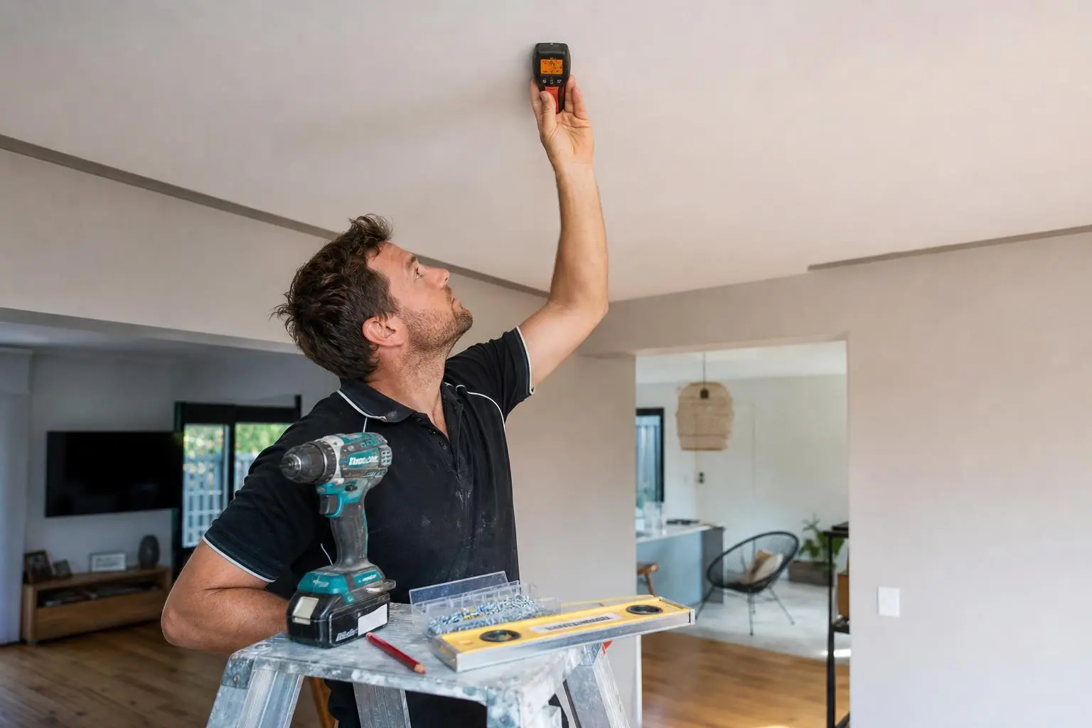 Homme sur échelle mesurant le plafond, tenant un outil de sondage lumineux en haut, avec une perceuse posée sur une échelle et un niveau à côté. Contenu lié au remplacement du condensateur ventilateur plafond.