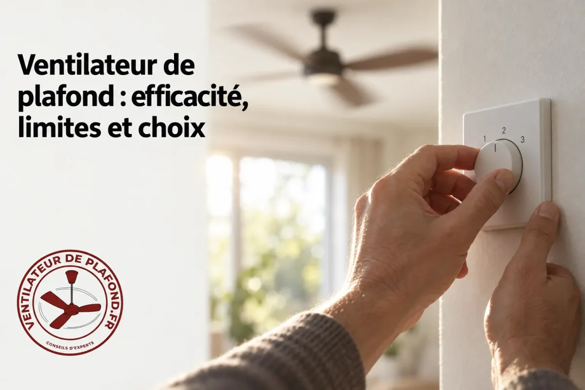 Une personne ajuste un variateur mural sur un ventilateur de plafond dans une pièce lumineuse.