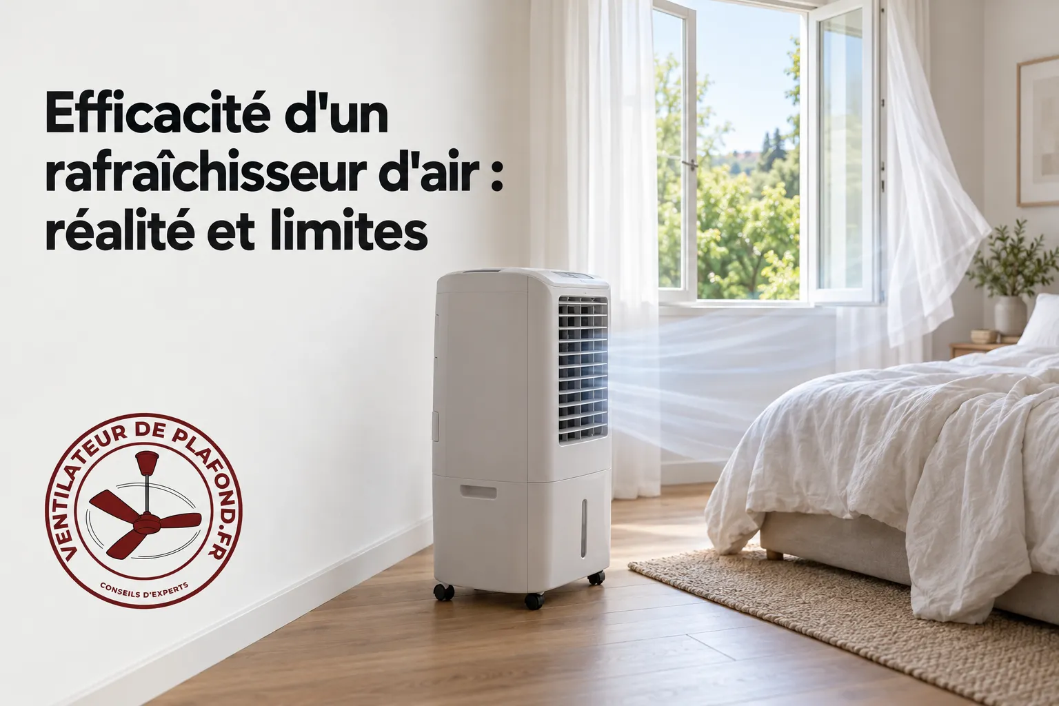 Rafraîchisseur d’air blanc en bas d’un mur près d’un lit, soufflant de l’air frais dans une chambre lumineuse.