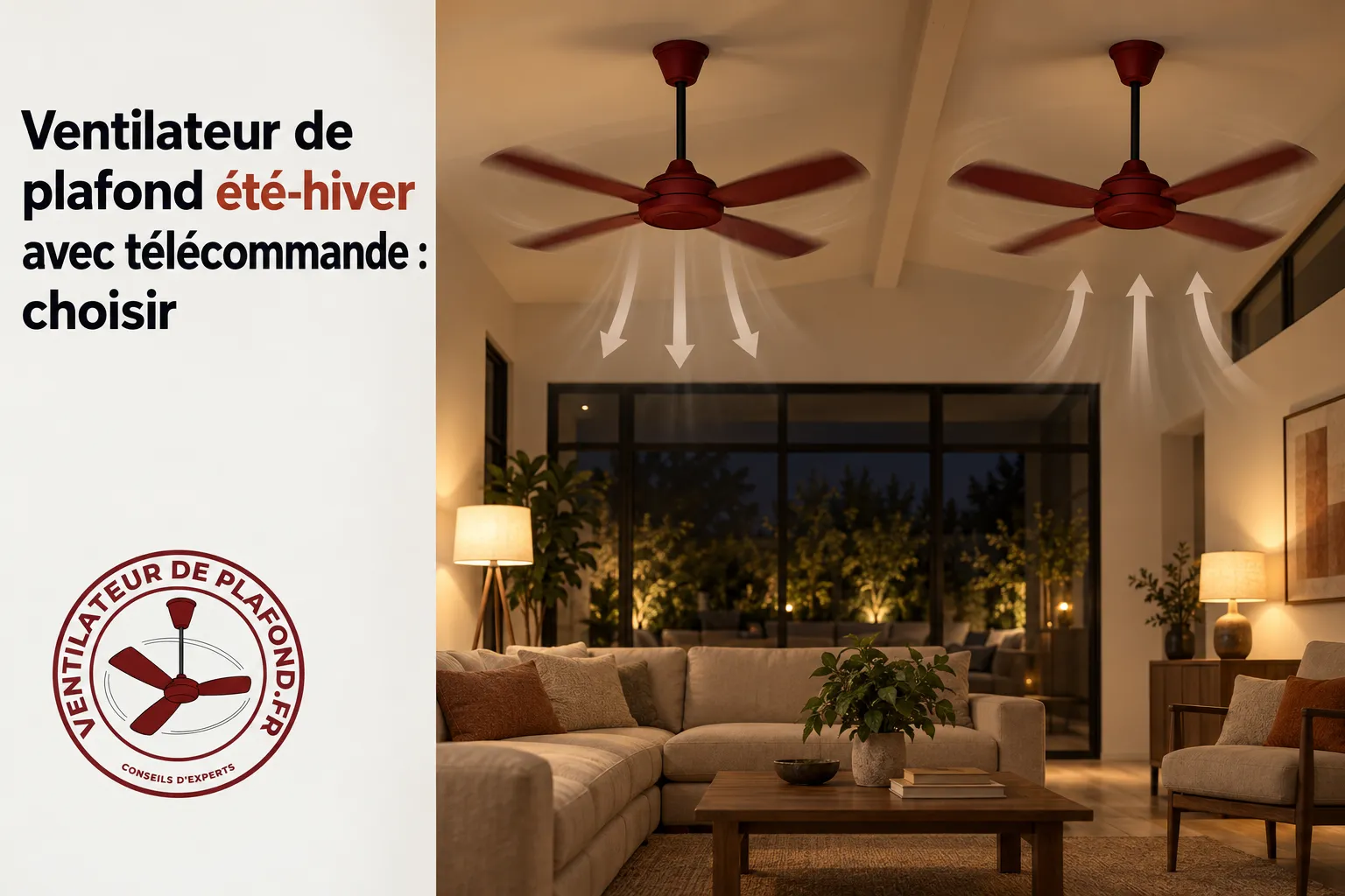 Ventilateur de plafond rouge avec pales en mouvement au-dessus d’un salon lumineux et canapé, illustrant le mode été-hiver.