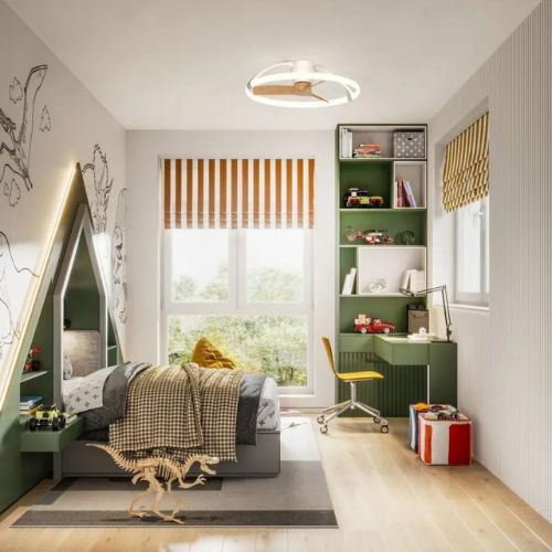 Une chambre d’enfant lumineuse avec un lit, un bureau vert et des étagères remplies, vue sur une grande fenêtre.