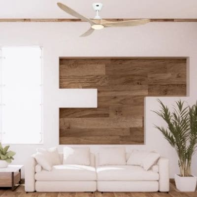 Salon lumineux avec canapé blanc et grande plante verte, murs décorés de panneaux bois.