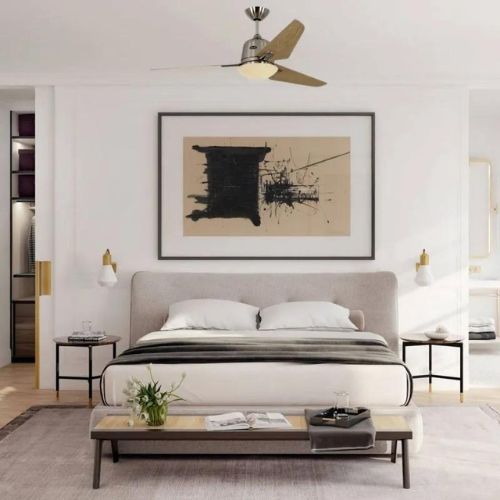 Vue d’ensemble d’une chambre moderne avec un ventilateur de plafond au-dessus du lit.